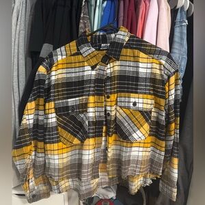 Yellow and black distressed bottom plaid flannel #plaid #flannel